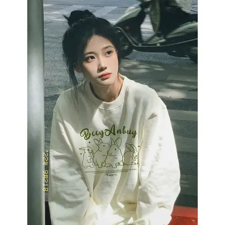 卡通兔子无帽卫衣女秋冬加绒oversize宽松大码设计感小众长袖上衣商品大图