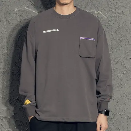 秋季立体口袋毛圈布厚重长袖T恤男士秋装上衣宽松ins港风休闲体恤图片