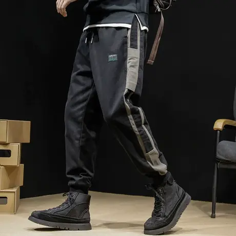 纯棉加绒休闲裤男秋冬拼接束脚秋季大码运动胖子加肥加大男裤潮牌图片