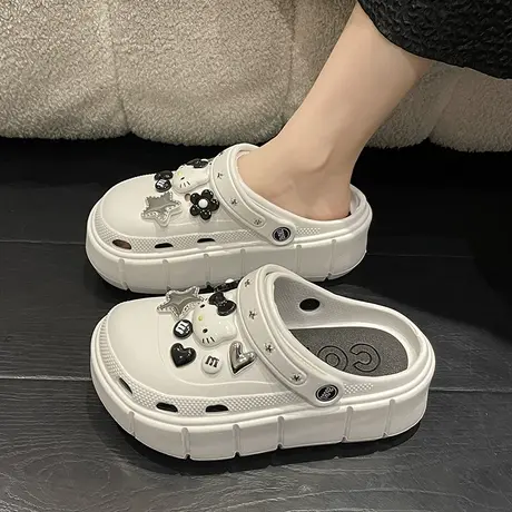 高级感黑色厚底洞洞鞋女款外穿夏季新款diy防滑凉鞋增高包头拖鞋商品大图