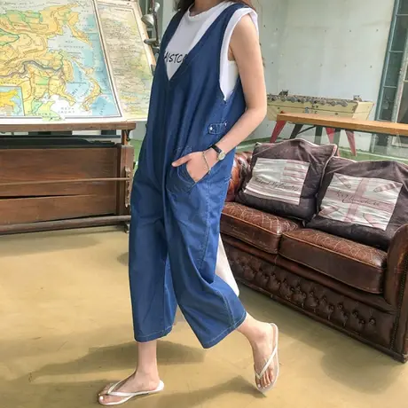 夏装新款牛仔V领背心连体裤女背带阔腿九分时尚宽松大码连体衣潮商品大图