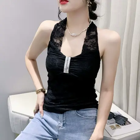 性感挂脖露背吊带背心女内搭夏季欧货洋气蕾丝小衫修身无袖上衣潮图片