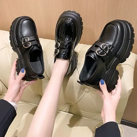 日系工作单鞋女2024年新款春季增高女鞋厚底英伦风漆皮小皮鞋女商品大图