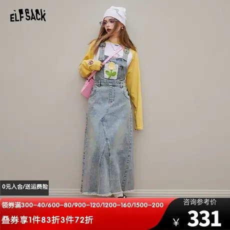 妖精的口袋针织朵牛仔背带连衣裙女2024早春新款设计感减龄长裙子图片