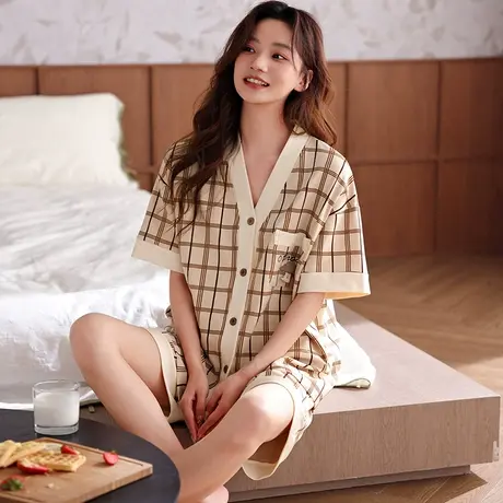 婷美新款睡衣女士薄款纯棉短袖短裤学生可外出宿舍家居服夏季套装商品大图