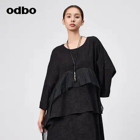odbo/欧迪比欧时尚高级感玻璃纱拼接T恤女春季新款中长款宽松上衣图片