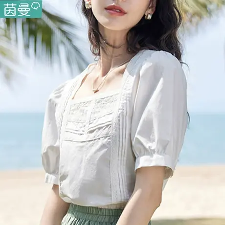 茵曼法式文艺衬衣女士2023年夏季新款纯棉方领修身显瘦泡泡袖衬衫商品大图