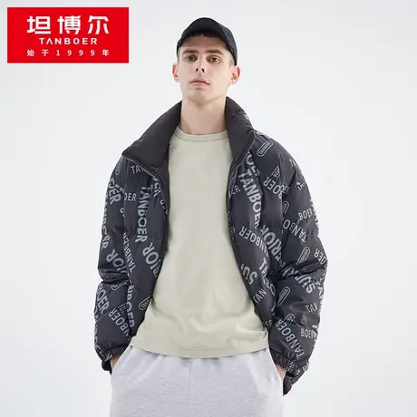 坦博尔男士羽绒服时尚短款立领印花潮流保暖正反双穿外套图片