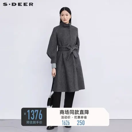 【商场同款】sdeer圣迪奥立领格纹收腰泡泡袖毛呢大衣S22482514图片