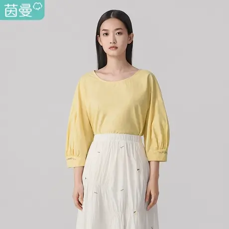 【商场同款】茵曼2022春装新款袖口绣花后领蝴蝶系绳圆领衬衣简约图片