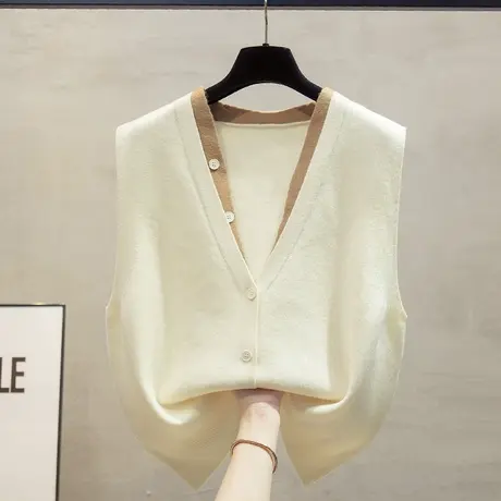 撞色v领针织开衫马甲背心女2023秋装新款宽松外穿马夹毛衣坎肩潮图片