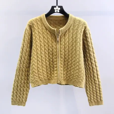 复古慵懒风短款麻花毛衣外套女秋冬2023新款宽松休闲百搭针织开衫商品大图