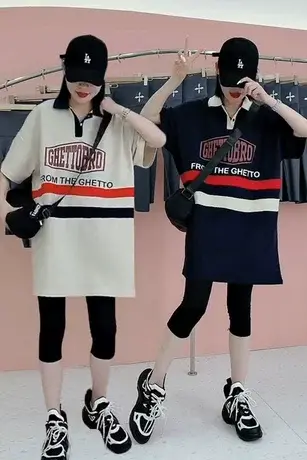 欧洲站POLO衫短袖T恤女弹力芭比裤拼色字母2023新款宽松休闲上衣商品大图