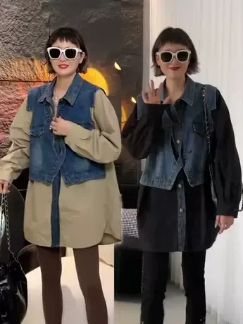 欧货设计感小众宽松休闲拼接牛仔假两件衬衫女2023秋季新款上衣潮商品大图