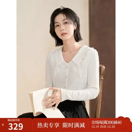 【商场同款】茵曼2023春女装新款法式花边拼接翻领肌理感修身T恤图片