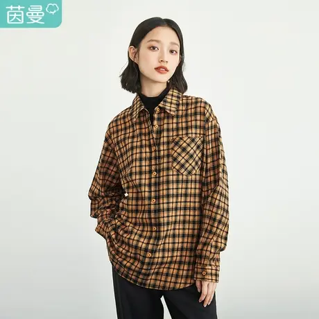 茵曼特价清仓女冬季格子宽松休闲口袋翻领廓形百搭长袖衬衫图片