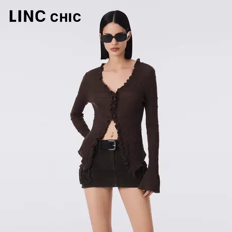LINCCHIC金羽杰针织开衫女2023秋季新款浪漫V领长袖中长款针织衫商品大图