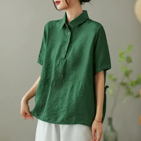 dza 复古纯色短袖女士衬衫2023夏季薄款套头衬衣宽松显瘦翻领上衣图片