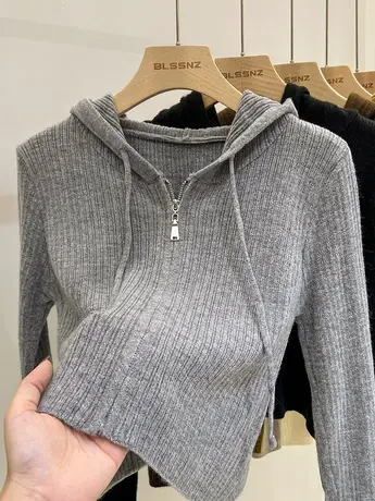 欧货连帽毛衣外套女开衫早秋2023新款拉链设计感小众长袖短款上衣商品大图