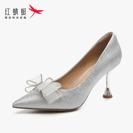 红蜻蜓女鞋秋季2024尖头银色高跟鞋女主婚纱婚鞋新娘鞋蝴蝶结清仓图片