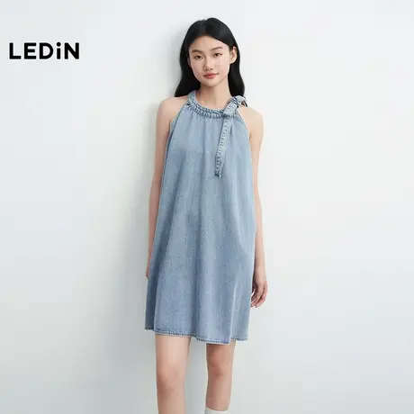 【昕怡粉丝专享】乐町无袖怀旧复古牛仔连衣裙蝴蝶结领口甜美裙子图片