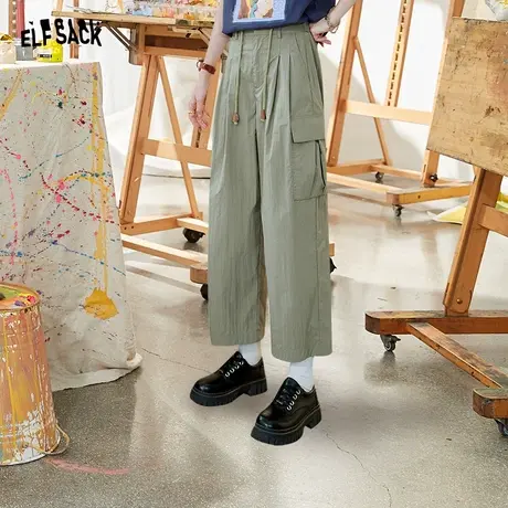 妖精的口袋高腰工装裤女2023夏季新款宽松显瘦阔腿直筒薄款九分裤商品大图