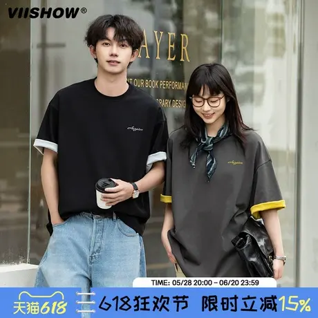 VIISHOW休闲宽松刺绣短袖夏季高街潮牌情侣半袖复古撞色T恤男士商品大图