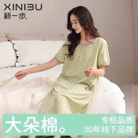 新一步100%全棉短袖睡裙女中长款妈妈款印花加大码宽松连衣裙睡衣商品大图