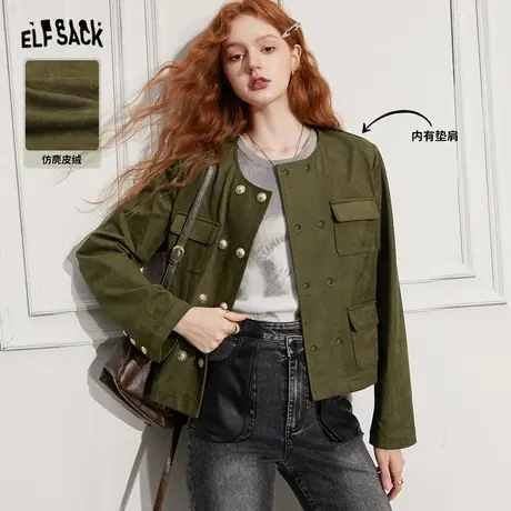 妖精的口袋短款正肩工装外套女2023秋季新款复古圆领麂皮夹克外套图片