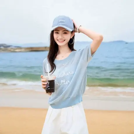 时尚气质针织衫2024年夏季新款女圆领休闲百搭减龄套头T上衣图片