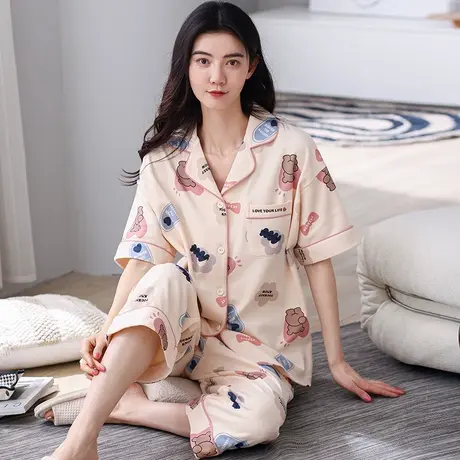 新一步2024夏季睡衣女纯棉开衫印花外穿家居服短袖七分裤套装翻领商品大图
