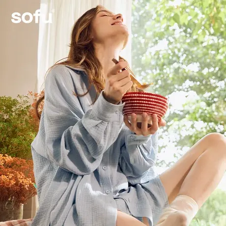 sofu双层棉纱睡衣女纯棉抑菌家居服长袖短裤纱布A类敏感肌居家服商品大图
