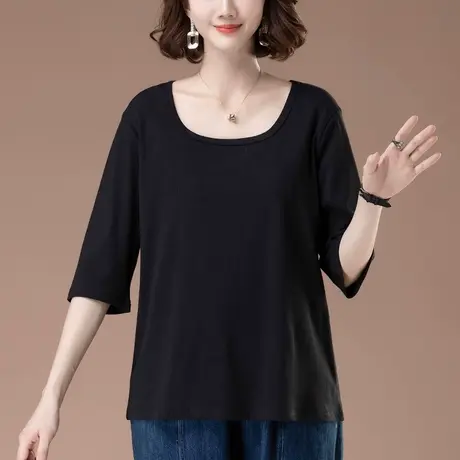 方领七分袖T恤女宽松加大码女装胖妈妈休闲遮肚纯棉显瘦中袖上衣图片
