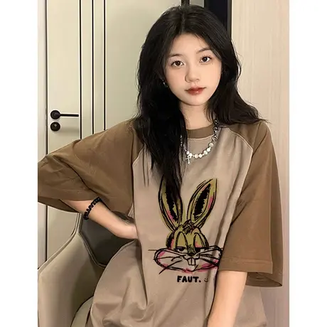 原宿风短袖t恤女小众日系胖mm大码显瘦女装ins插肩袖拼色纯棉上衣商品大图