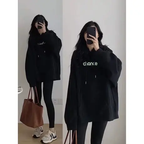 大码美式复古oversize连帽卫衣女韩版宽松加绒秋冬炸街连帽外套潮商品大图