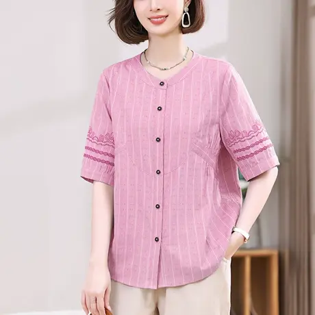 衬衫女短袖夏季新款加大码女装宽松中年妈妈文艺刺绣条纹休闲衬衣商品大图