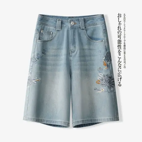 2025新款复古刺绣牛仔短裤女夏季高腰直筒五分裤显瘦休闲阔腿裤子商品大图