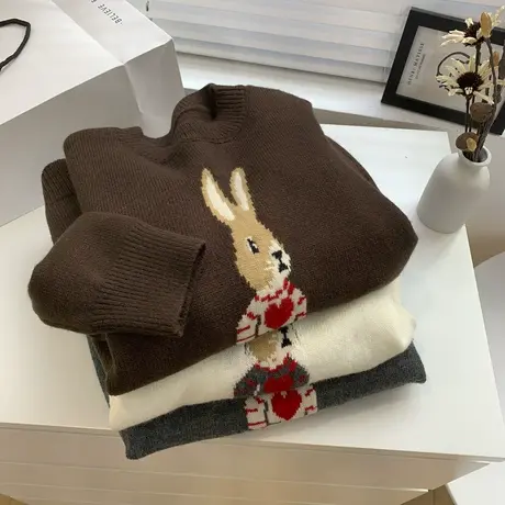 复古卡通兔子提花圆领毛衣女2022冬季宽松百搭套头长袖内搭针织衫图片