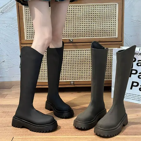 永希高筒靴子女2023年新款潮流厚底增高长筒靴炸街复古显瘦骑士靴图片