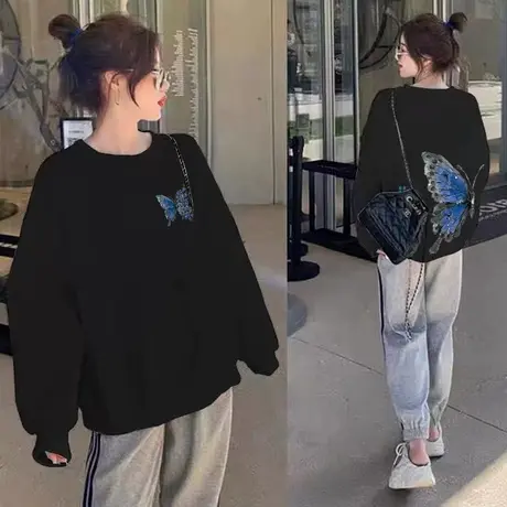 设计感蝴蝶圆领黑色卫衣女2025新款爆款秋季长袖大版宽松加绒上衣商品大图