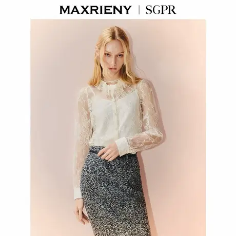 【商场同款】MAXRIENY宫廷风蕾丝衬衫女别致气质网纱宽松h型上衣商品大图
