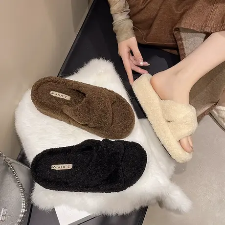 厚底法式毛毛鞋女2025新款秋季时尚百搭外穿棉拖鞋小个子增高鞋子图片
