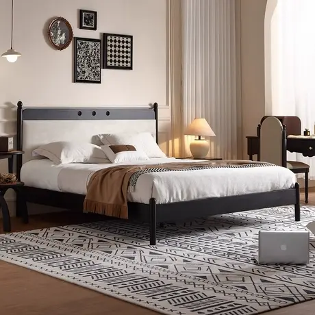 顾家家居实木白蜡木新款美式复古猫抓布双人主卧1米8稳睡舒适大床商品大图