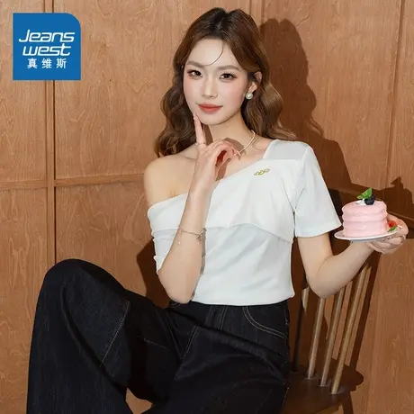 LW真维斯女装显瘦露肩休闲短袖T恤 2025夏季新品设计感女款上衣商品大图