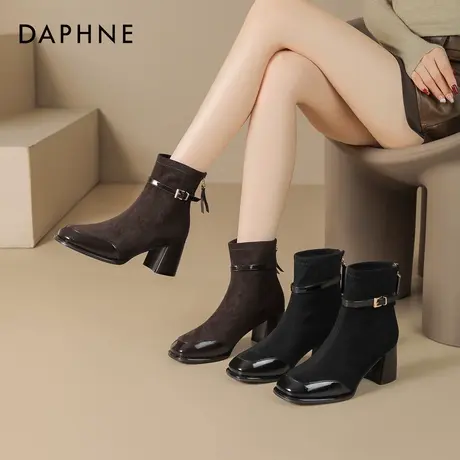 达芙妮粗跟短靴女2026新款冬季加绒法式马丁靴绒面高跟方头瘦瘦靴商品大图