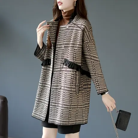 宝诗黎圆领中长款落肩针织外套宽松格纹大衣秋季新款小众气质上衣商品大图