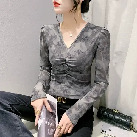 复古印花V领T恤女长袖性感褶皱气质打底衫洋气修身显瘦洋气上衣秋商品大图
