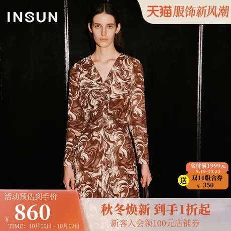 恩裳COVER2023冬装新款植绒撞色泼墨肌理感抽褶V领美拉德修身裙子图片