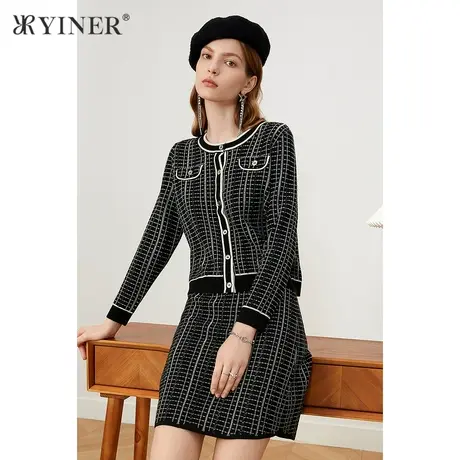 YINER音儿女装2021冬季新款格纹单排扣针织开衫商品大图