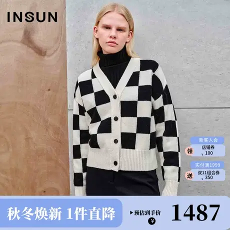 恩裳2023年冬装新款时髦撞色棋盘格全件单边挂毛工艺优雅V领开衫商品大图